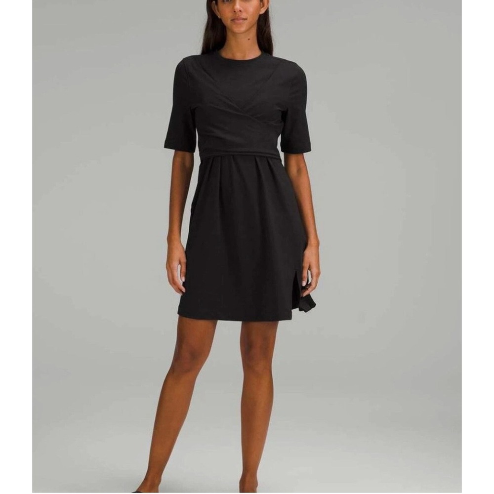 Lululemon Cotton Wrap-Front T-Shirt Dress Black Tie Front Short Sleeve Size 6